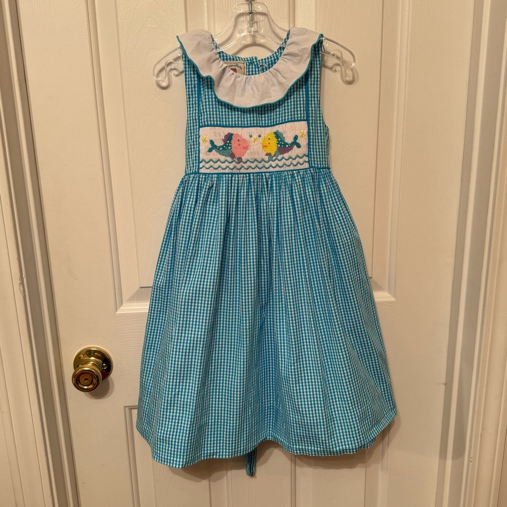 Marmellata Blue Gingham Dress with Smocked Fish Size 4